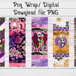 Jack and Sally, inspired Character, Horror, epoxy Pen Wrap, Digital Download files, PNG, waterslide, joy pen