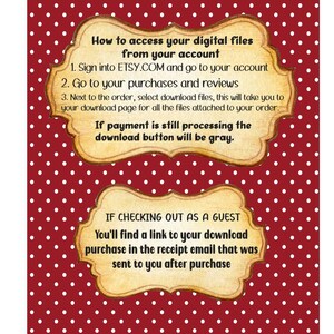 K&ouml;nnte beinhalten: Ein roter Hintergrund mit wei&szlig;en Punkten zeigt zwei beigefarbene Etiketten mit Anweisungen zum Zugriff auf digitale Dateien von Etsy.com. Das obere Etikett lautet "So greifen Sie auf Ihre digitalen Dateien von Ihrem Konto zu" und listet drei Schritte auf. Das untere Etikett lautet "Wenn Sie als Gast auschecken" und erkl&auml;rt, wie Sie den Download-Link finden.