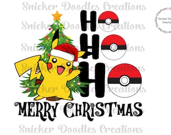 May include: A yellow Pikachu wearing a red Santa hat stands in front of a green Christmas tree with red and white ornaments. The text "HO HO HO" is written in black above the Pikachu and the text "MERRY CHRISTMAS" is written in black below the Pikachu.