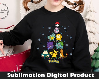 May include: Black sweatshirt with a Christmas tree design featuring Pokemon characters, including Pikachu, Squirtle, Bulbasaur, and Charmander. The tree is decorated with lights and snowflakes. The text "Pokemon" is printed below the tree.