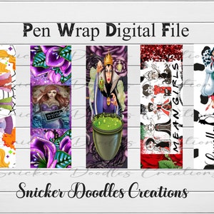 May include: Set of five digital pen wrap designs featuring various Disney villains. The designs include a purple floral design with a mermaid, a purple design with Maleficent, a red design with the Mean Girls characters, a black and white design with Cruella de Vil, and a white design with the Sanderson Sisters from Hocus Pocus.