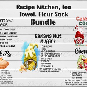 K&ouml;nnte beinhalten: Ein digitales druckbares Design-Paket mit einem Weihnachtsrezept, einem Rezept f&uuml;r Pfirsichkuchen, einem Rezept f&uuml;r Bananen-Nuss-Muffins, einem Rezept f&uuml;r Kirschkuchen und einem Rezept f&uuml;r einen Zuckerstangen-Cocktail. Jedes Rezept ist mit einem Gnom und einem Aquarellhintergrund illustriert.