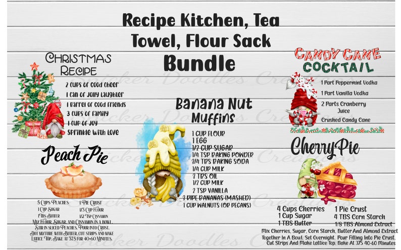 K&ouml;nnte beinhalten: Ein digitales druckbares Design-Paket mit einem Weihnachtsrezept, einem Rezept f&uuml;r Pfirsichkuchen, einem Rezept f&uuml;r Bananen-Nuss-Muffins, einem Rezept f&uuml;r Kirschkuchen und einem Rezept f&uuml;r einen Zuckerstangen-Cocktail. Jedes Rezept ist mit einem Gnom und einem Aquarellhintergrund illustriert.