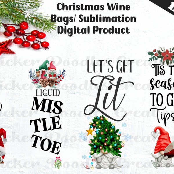 Christmas Wine Bag, PNG, Wine Sack, Christmas Gnomes/ 4 Designs/ Sublimation, Digital Download, PNG