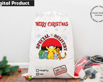 May include: White Christmas gift bag with a red and white "Merry Christmas" and "Special Delivery" text. The bag features a Pokeball with Pikachu, Bulbasaur, Charmander, and Squirtle characters. The bag also has a check box for "naughty" and "nice" with a "Santa Claus Approved" stamp.