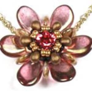 May include: A pink flower-shaped pendant necklace with a red crystal in the center. The pendant is made of glass beads and has a gold chain.