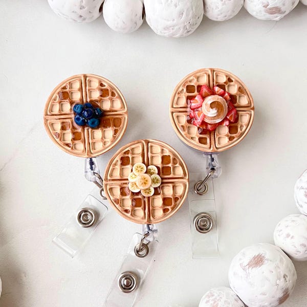 Waffle Badge Reel, Polymer Clay Food, Blueberries, Banana, Strawberries, ID retractable reel