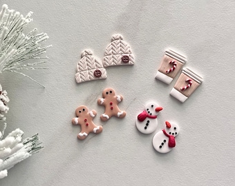 Christmas stud earrings, snowman, beanie hat, peppermint mocha, gingerbread man