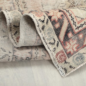 3x9 Ft Red Beige Vintage Turkish Runner, Bohemian Neutral 3x9 Handmade Faded Wool Oushak Runner, Kitchen, Hallway, Entryway Rug, 3.0x8.9 Ft