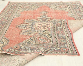 Tappeto turco fatto a mano nei toni della terra rossa e verde 7x10, tappeto in lana naturale, tappeto Oushak vintage 7x10, cucina, soggiorno, tappeto da pavimento, arredamento per la casa