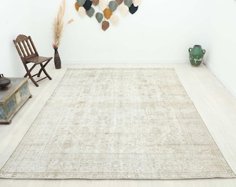 Vintage Beige Oushak Wollteppich, großer türkischer Teppich (8 x 11 Fuß)
