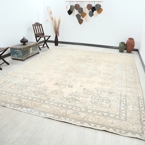 Beige Blauer Beige Blauer Teppich Oushak Wollteppich, Wollteppich, Handgeknüpfter Wollteppich, Wohnzimmerteppich