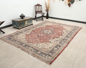 Tappeto turco fatto a mano con motivi floreali rossi colorati 7x10, tappeto in lana naturale, tappeto Oushak vintage 7x10, cucina, soggiorno, tappeto da pavimento, arredamento per la casa