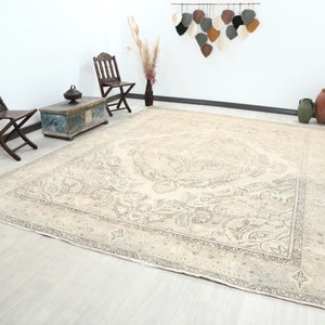 Beige Neutraler Türkischer Teppich, Oversize Oushak Teppich, Vintage Teppich, Wollteppich, 300x300, Wollteppich, Wohnzimmer, Wohnzimmerteppich