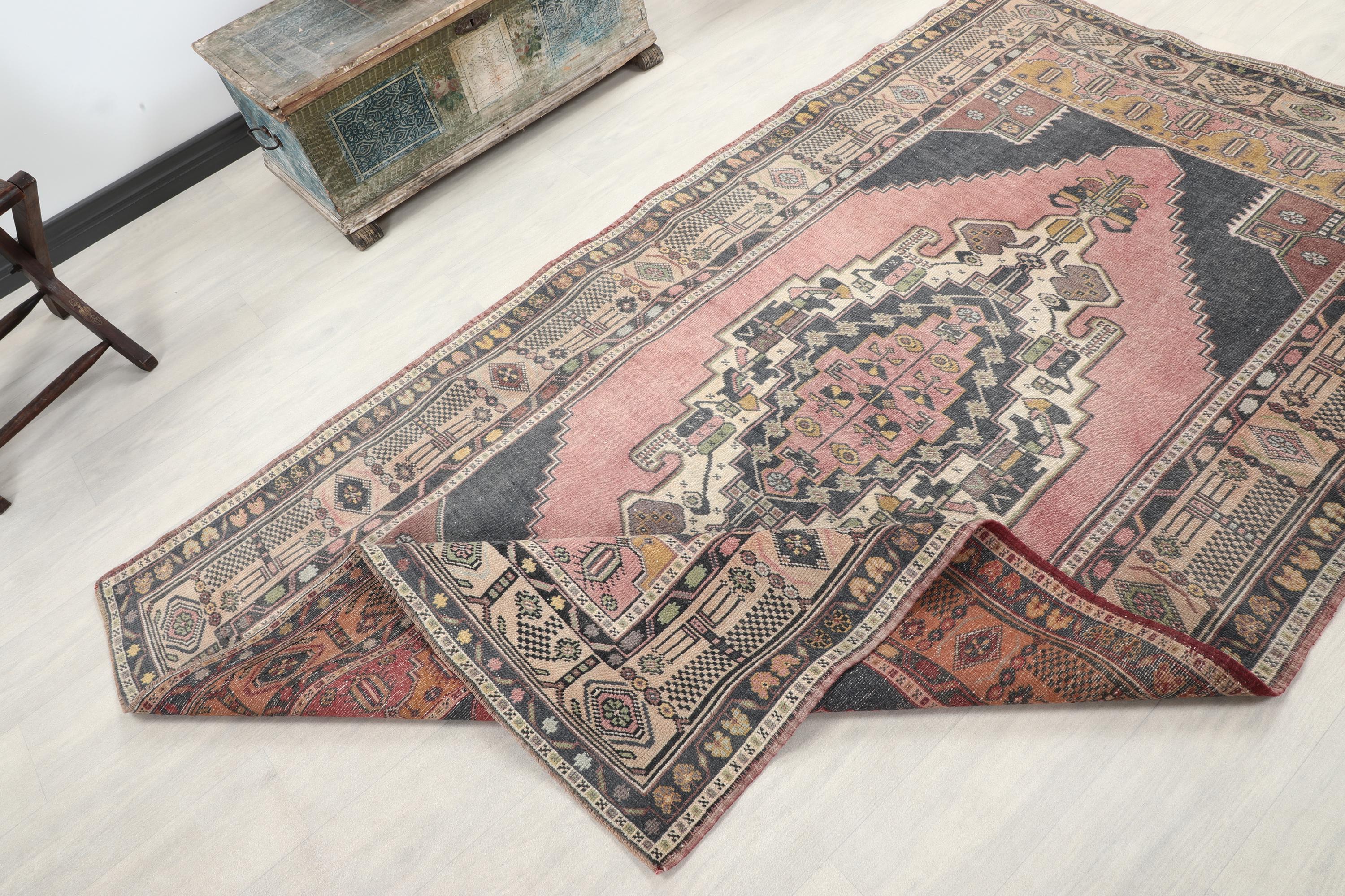 5x8 Red Vintage Rug, 5x8 Black Turkish Rug, Handmade Area Rug