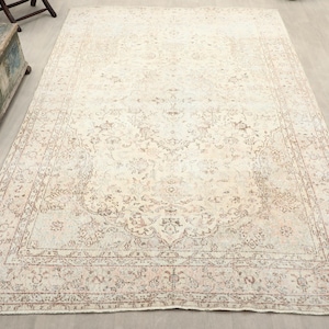 7x10 Beige Brown Earth Tones Handmade Turkish Rug, Natural Wool Rug, 7x10 Vintage Oushak Rug, Kitchen, Living Room,Floor Area Rug,Home Decor