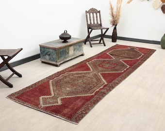 4x11 Faded Red Brown Handmade Turkish Rug, Natural Wool Rug, 4x11 Vintage Runner, Oushak Rug, Kitchen, Hallway Entryway Rug, 3.5x11.4 Ft
