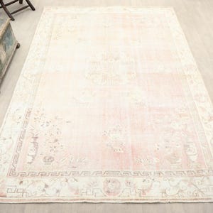 7x10 Pink Beige Earth Tones Handmade Turkish Rug, Natural Wool Rug, 7x10 Vintage Oushak Rug, Kitchen, Living Room, Floor Area Rug,Home Decor