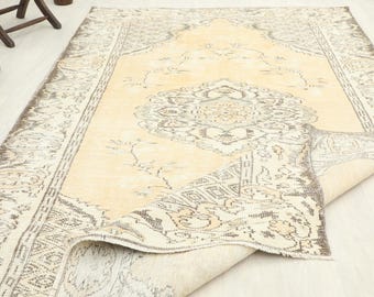 Red Blue Vintage Turkish Wool Rug, Faded Oushak Rug (3.5x4.6 Ft)
