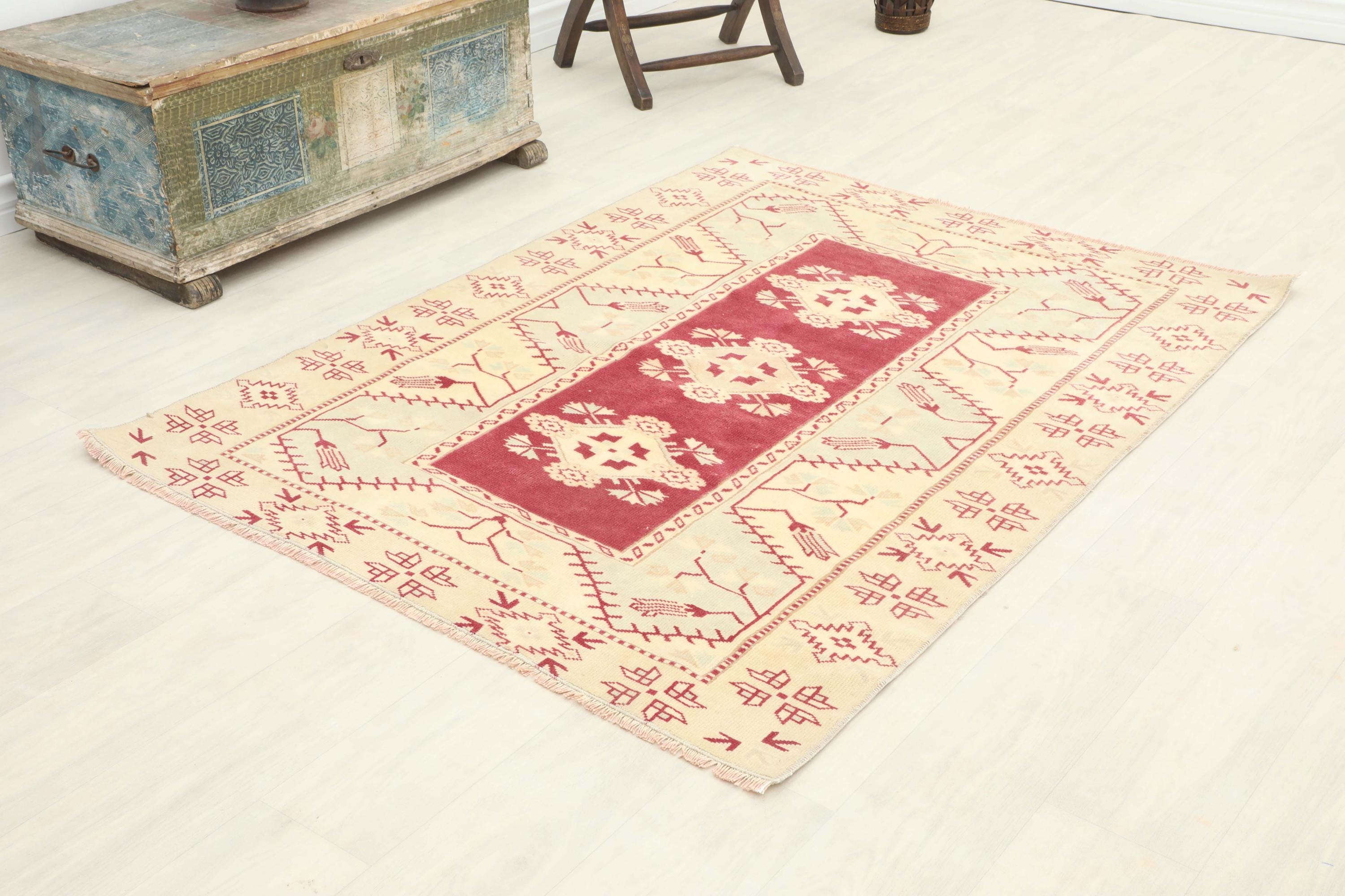 4x5 Ft Red Brown Turkish Rug, Natural Wool Rug, 4x5 Vintage Oushak