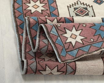 150x200 Beige Rosa Blauer Vintage Teppich, 150x200 Türkiser Teppich, Handgemachter Teppich, Boho Teppich, Handgewebter Teppich, Vintage Wollteppich, Wohnzimmerteppich