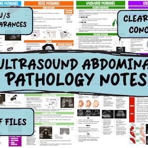 Könnte beinhalten: Ein blaues und weißes Poster mit dem Titel "Ultrasound Abdominal Pathology Notes" und dem Text "Klar und prägnant" in einem weißen Kasten. Das Poster enthält Bilder von Ultraschalluntersuchungen und Text, der verschiedene Pathologien beschreibt.