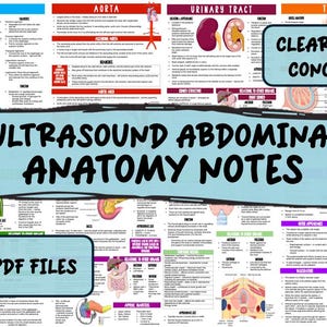 May include: A colorful chart with illustrations of the human anatomy, including the liver, aorta, urinary tract, and testes. The chart is titled "Ultrasound Abdominal Anatomy Notes" and includes the text "Clear and Concise" and "PDF Files".
