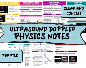 Könnte beinhalten: Ein blaues und weißes Poster mit dem Titel "Ultrasound Doppler Physics Notes" und dem Text "Klar und prägnant" in einem roten Kasten. Das Poster enthält Diagramme und Text über Ultraschall und Doppler-Physik.