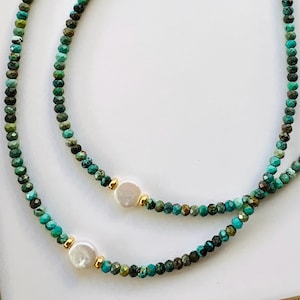 turquoise necklace, turquoise pearl necklace, gold turquoise necklace, coin pearl necklace, beaded necklace with pearl, ckb creations