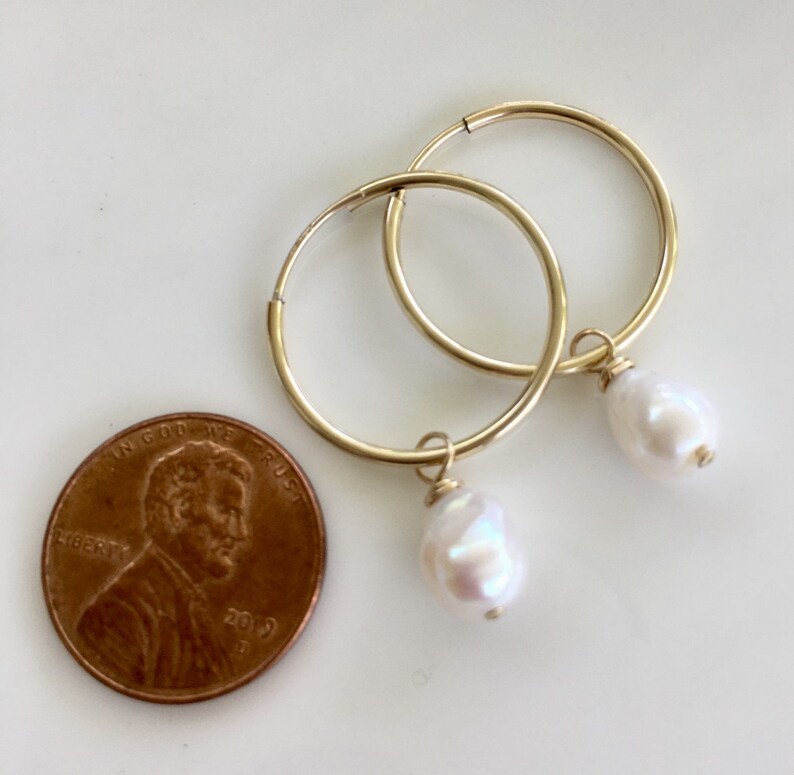 gold hoop earrings, gold hoop pearl, endless hoop, gold endless hoop, pearl dangle earring, ckb creations, ckb jewelry, pearl drop image 4