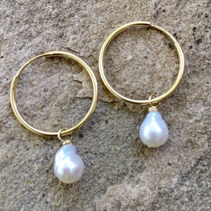 gold hoop earrings, gold hoop pearl, endless hoop, gold endless hoop, pearl dangle earring, ckb creations, ckb jewelry, pearl drop image 8
