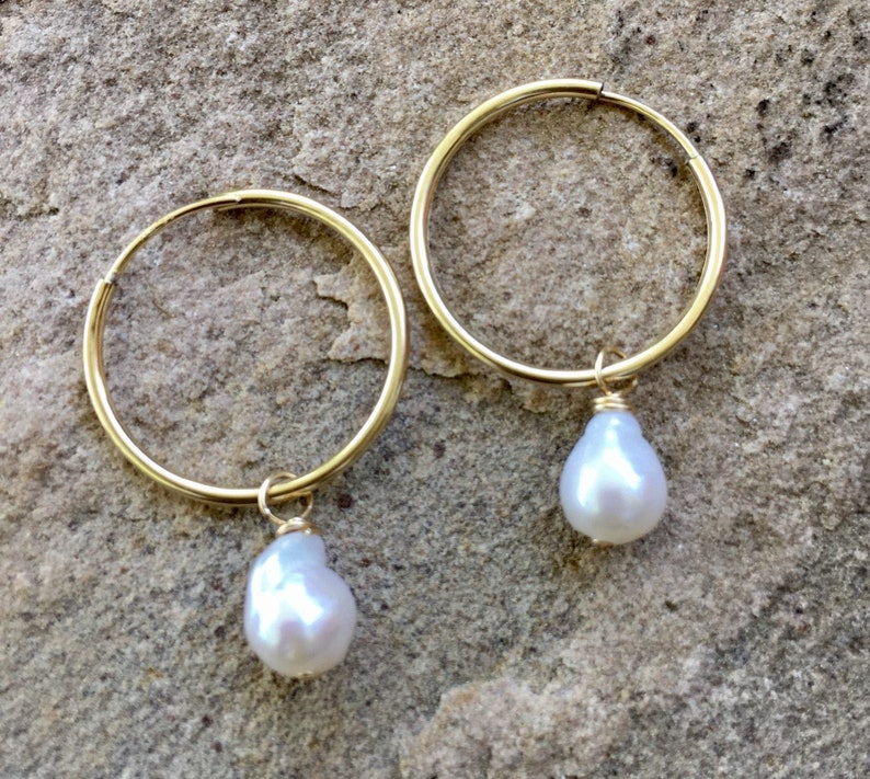 gold hoop earrings, gold hoop pearl, endless hoop, gold endless hoop, pearl dangle earring, ckb creations, ckb jewelry, pearl drop image 8