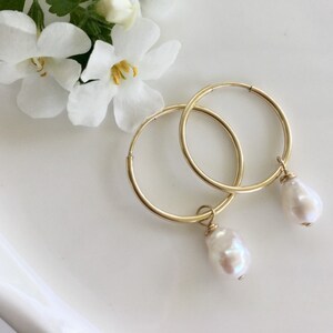 gold hoop earrings, gold hoop pearl, endless hoop, gold endless hoop, pearl dangle earring, ckb creations, ckb jewelry, pearl drop image 6