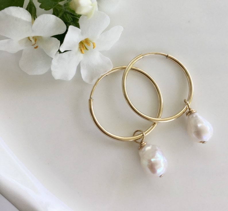 gold hoop earrings, gold hoop pearl, endless hoop, gold endless hoop, pearl dangle earring, ckb creations, ckb jewelry, pearl drop image 6