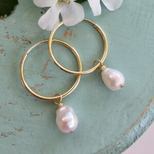 gold hoop earrings, gold hoop pearl, endless hoop, gold endless hoop, pearl dangle earring, ckb creations, ckb jewelry, pearl drop image 3