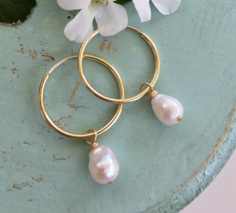 gold hoop earrings, gold hoop pearl, endless hoop, gold endless hoop, pearl dangle earring, ckb creations, ckb jewelry, pearl drop image 3