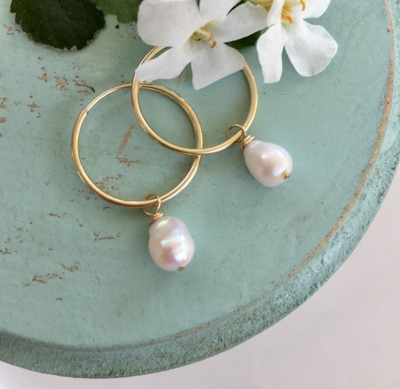 gold hoop earrings, gold hoop pearl, endless hoop, gold endless hoop, pearl dangle earring, ckb creations, ckb jewelry, pearl drop image 7