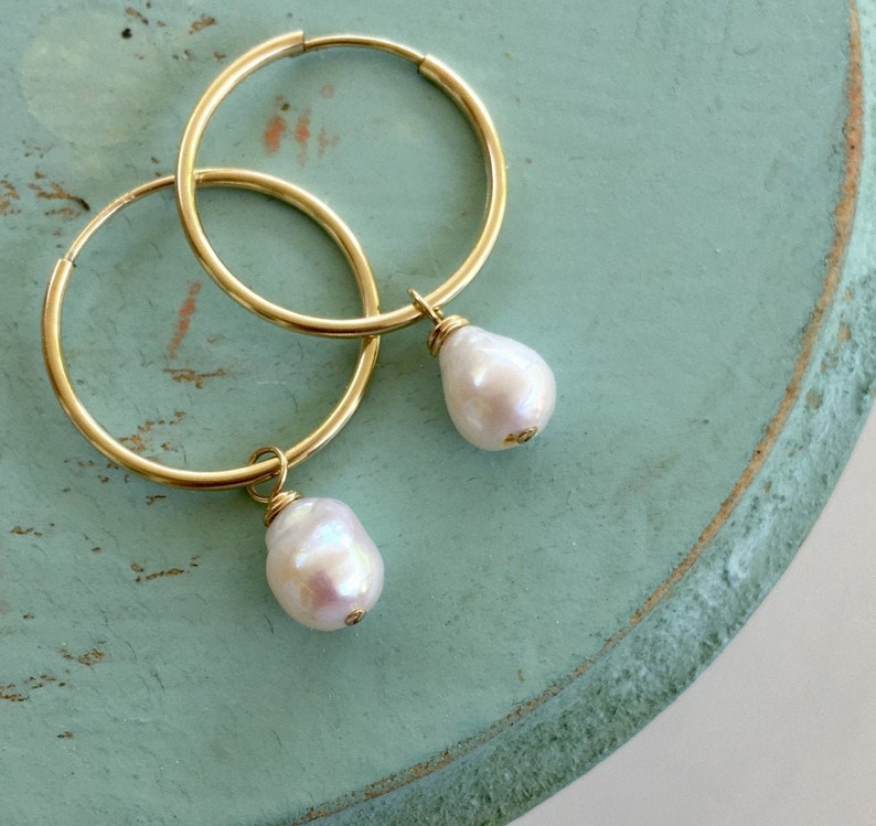 gold hoop earrings, gold hoop pearl, endless hoop, gold endless hoop, pearl dangle earring, ckb creations, ckb jewelry, pearl drop image 1