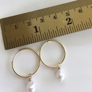 gold hoop earrings, gold hoop pearl, endless hoop, gold endless hoop, pearl dangle earring, ckb creations, ckb jewelry, pearl drop image 5