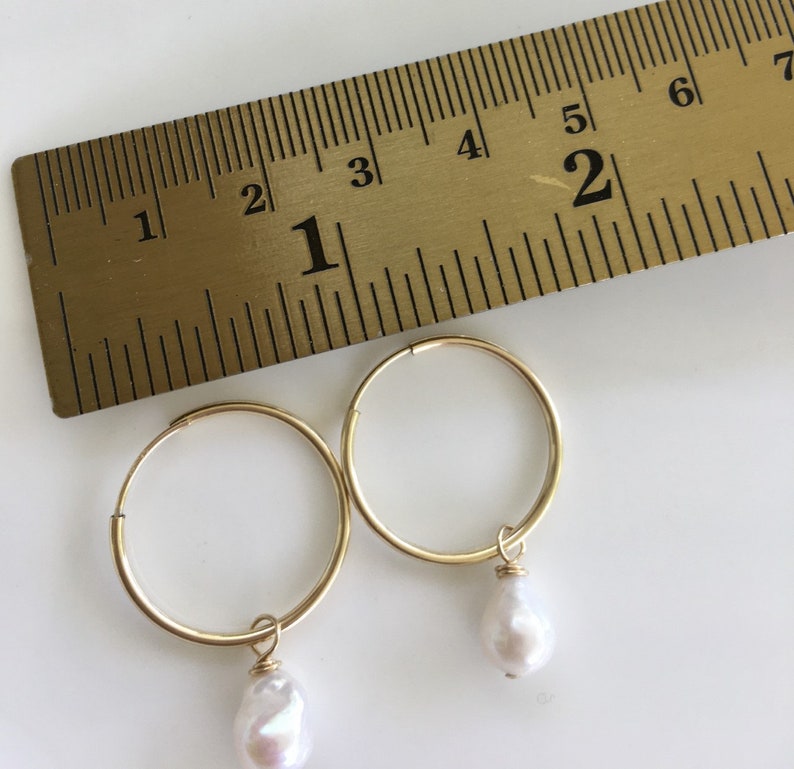 gold hoop earrings, gold hoop pearl, endless hoop, gold endless hoop, pearl dangle earring, ckb creations, ckb jewelry, pearl drop image 5