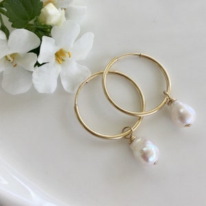 gold hoop earrings, gold hoop pearl, endless hoop, gold endless hoop, pearl dangle earring, ckb creations, ckb jewelry, pearl drop image 2