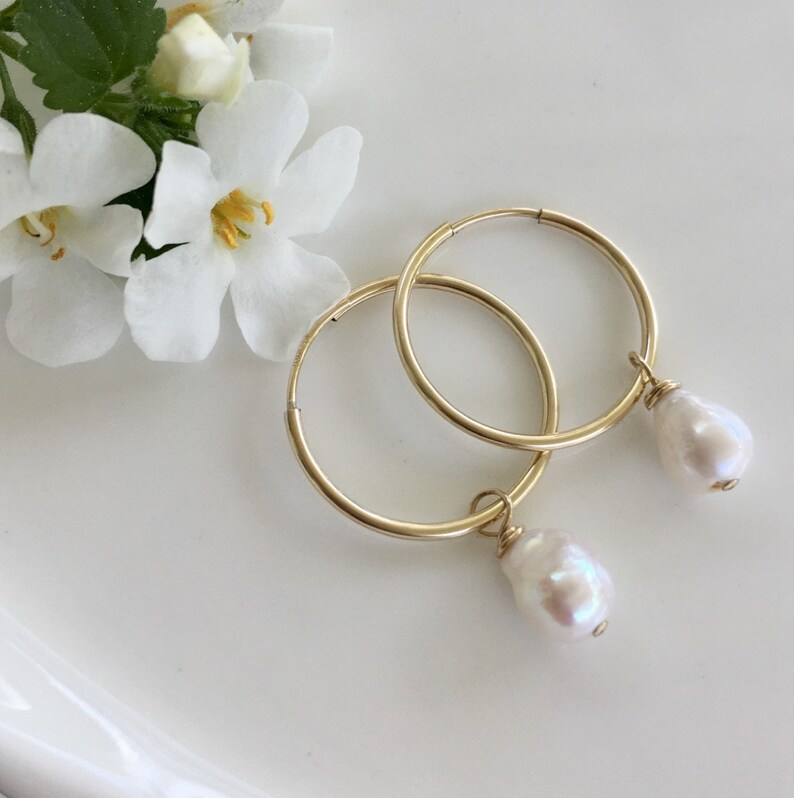 gold hoop earrings, gold hoop pearl, endless hoop, gold endless hoop, pearl dangle earring, ckb creations, ckb jewelry, pearl drop image 2