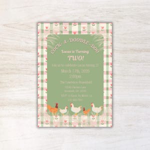 May include: A green and pink checkered invitation with a rooster and chickens. The invitation reads "Cock-a-Doodle-Doo Lucas is Turning Two!" and includes the date, time, and location of the party.