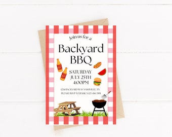 May include: A red and white checkered invitation for a backyard BBQ on Saturday, July 25th at 4:00 PM. The invitation includes a grill, picnic table, watermelon, hot dogs, and beer.