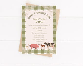 Farm Animals 2nd Birthday Invitation | Gingham Barnyard (Digital Download)