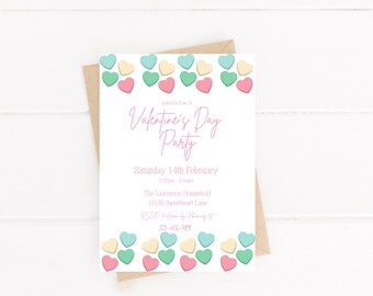 May include: A white invitation with pink and blue hearts around the border. The text reads "Join Us For A Valentine's Day Party" with the date and time "Saturday 14th February 2:00pm - 4:00pm". The location is "The Lawrence Household 12345 Sweetheart Lane". The RSVP information is "RSVP by February 1st 123-456-7891".
