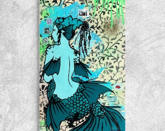 Traditional Mermaid Siren Original Painting Street Art Vintage One of A Kind