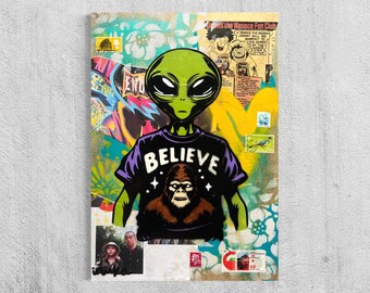 Original Alien Bigfoot Painting: Mixed Media Street Art on Reclaimed Wood