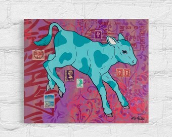 Teal Cow Street Art on Wood with Vintage Stamps