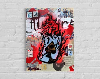 Flaming Ace Skull Card Original Painting Street Art One of A Kind